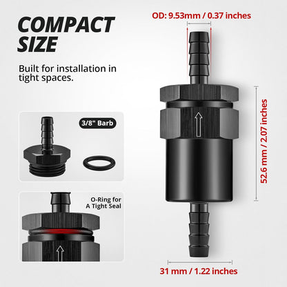 3/8" Barb Billet Inline Fuel Filter 30 Micron Aluminum Black for Car EFI & Carb Fuel Systems, Motorcycle and Boats