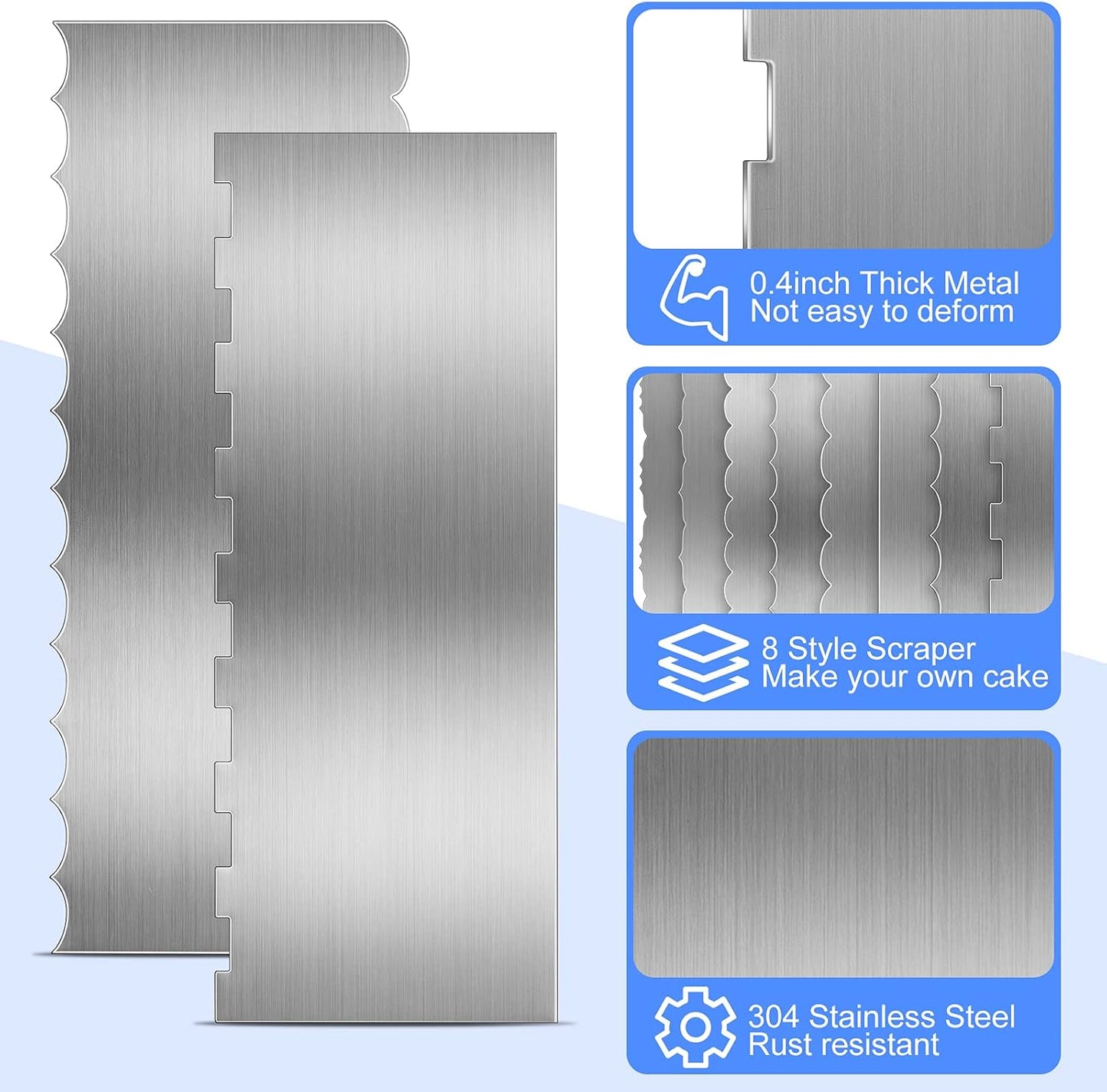 4 Pieces Stainless Steel Cake Scraper Smoother Large Double Sided Patterned Edge Stripe 9 Inch Metal Cake Decorating Comb for Icing Mousse Butter Cream Decoration, 4 Styles