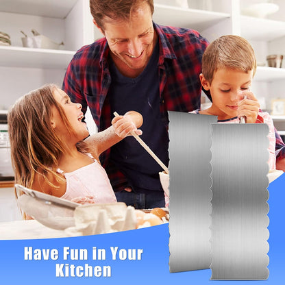 4 Pieces Stainless Steel Cake Scraper Smoother Large Double Sided Patterned Edge Stripe 9 Inch Metal Cake Decorating Comb for Icing Mousse Butter Cream Decoration, 4 Styles