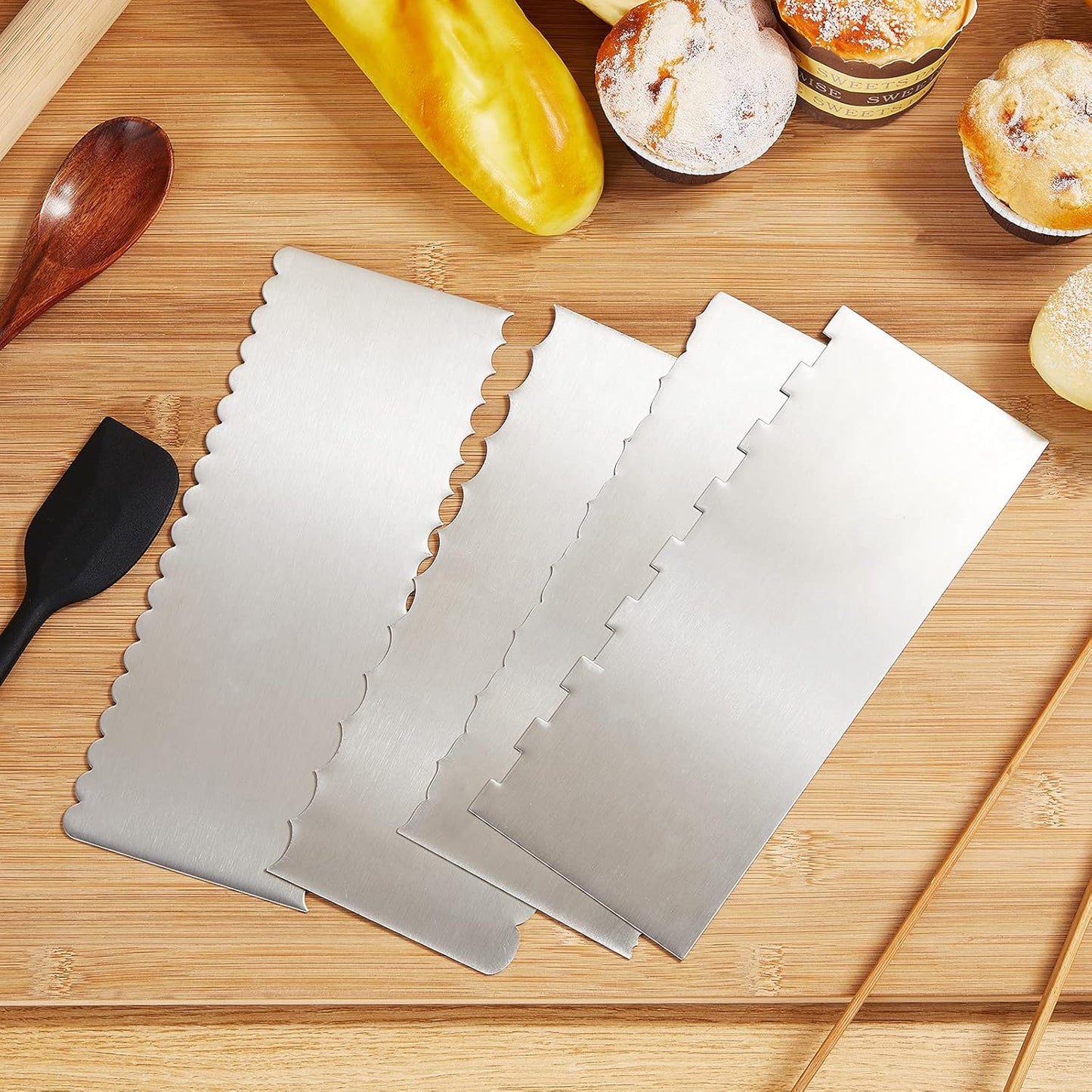 4 Pieces Stainless Steel Cake Scraper Smoother Large Double Sided Patterned Edge Stripe 9 Inch Metal Cake Decorating Comb for Icing Mousse Butter Cream Decoration, 4 Styles