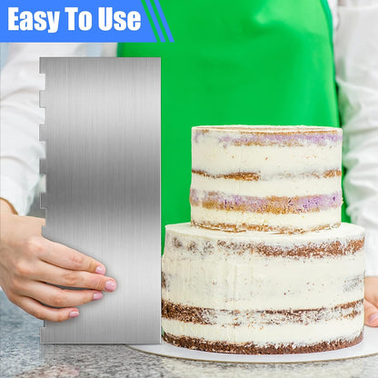4 Pieces Stainless Steel Cake Scraper Smoother Large Double Sided Patterned Edge Stripe 9 Inch Metal Cake Decorating Comb for Icing Mousse Butter Cream Decoration, 4 Styles