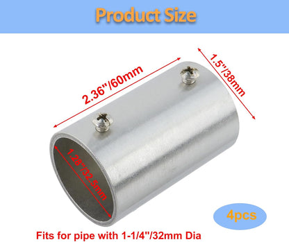 Straight Pipe Fitting Connector Fit 1-1/4" OD Pipe 2-Way Stainless Steel Rail Pipe Fittings for DIY Shelf Garden Support, Handrail, 2.36"/60mm Length -4pcs