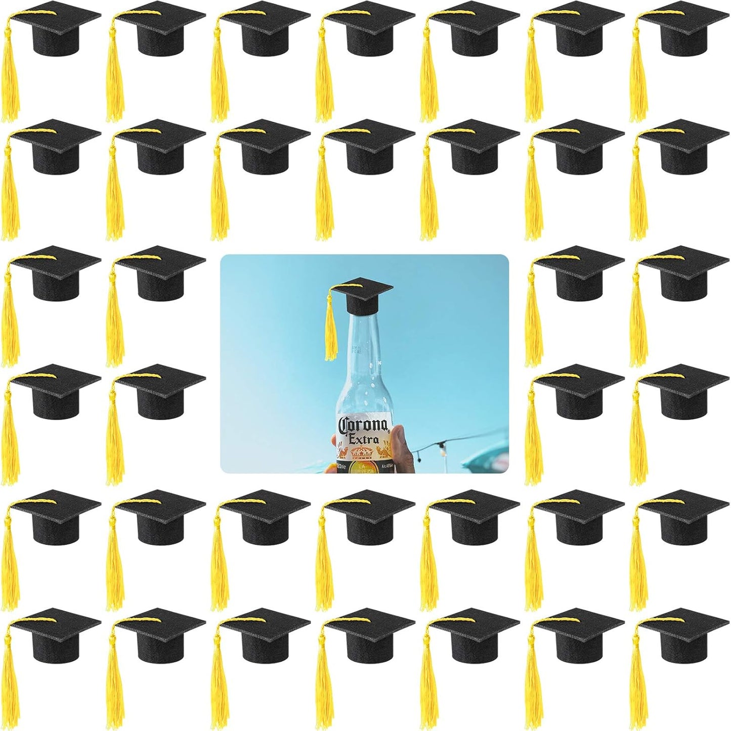 36 Pieces 2026 Mini Graduation Caps with Tassels Graduation Wine Bottle Toppers(Black Cap with Gold Tassel)