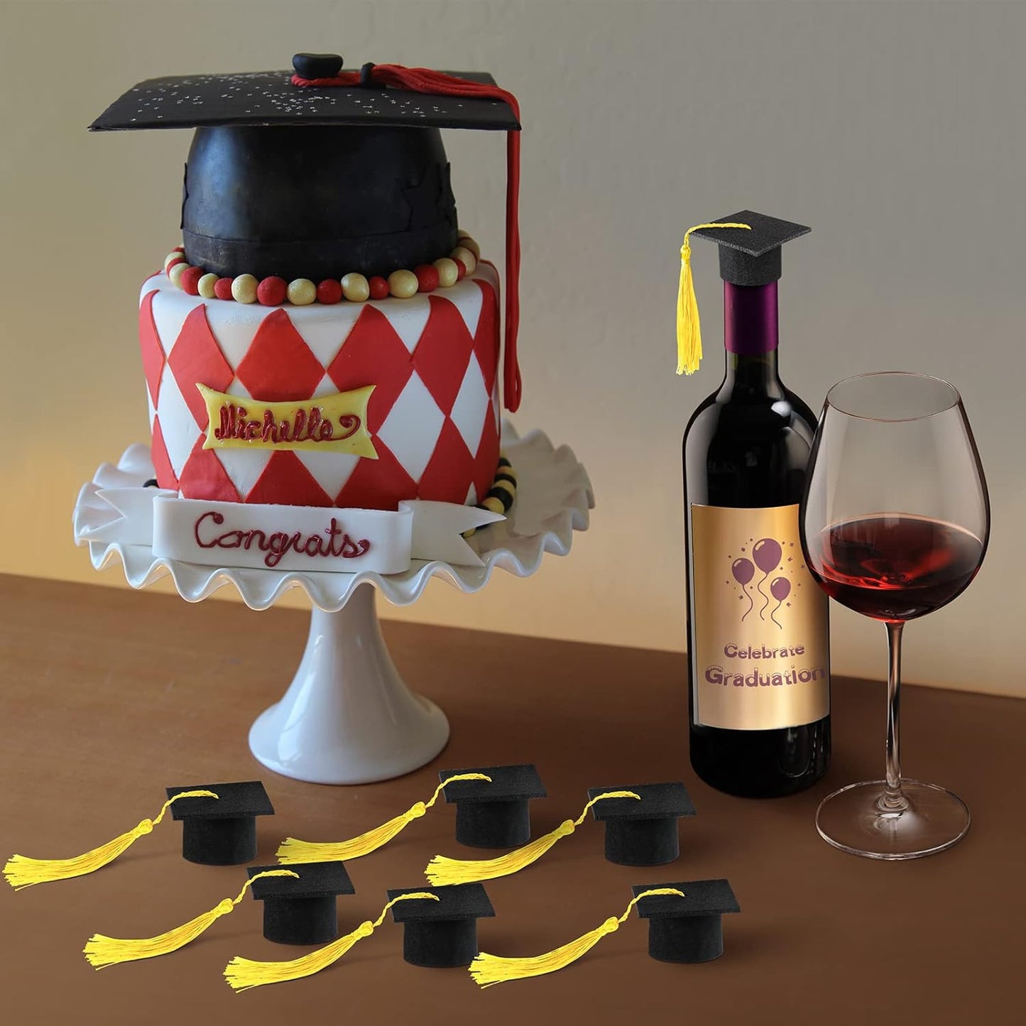 36 Pieces 2026 Mini Graduation Caps with Tassels Graduation Wine Bottle Toppers(Black Cap with Gold Tassel)