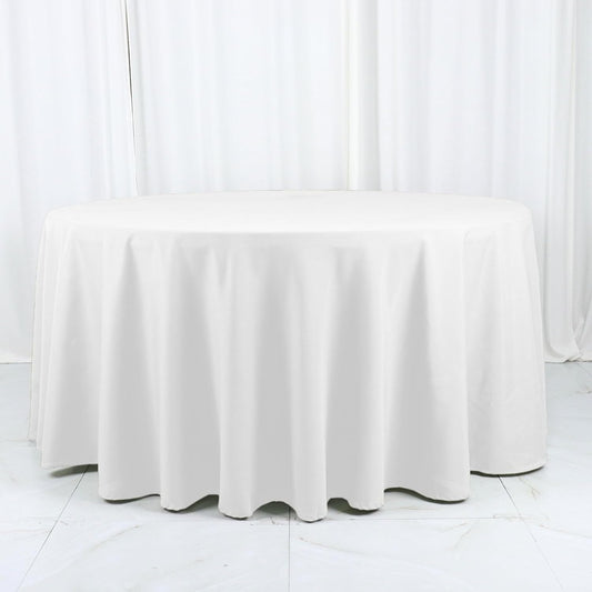 Efavormart White Cotton Blend Round Tablecloth 120" Seamless for 5 Foot Table with Floor-Length Drop
