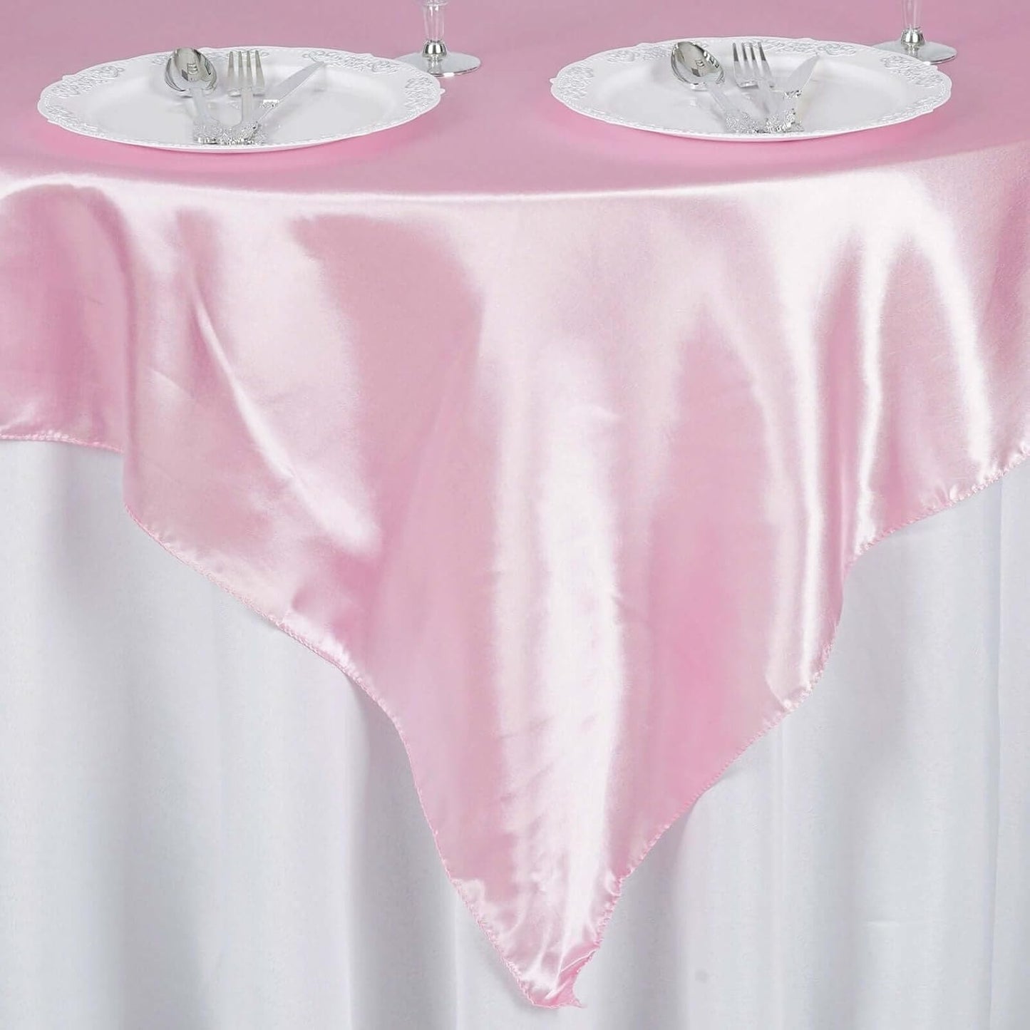 Efavormart Pack of 5 | 60" Satin Square Tablecloth Overlay for Wedding Catering Party Table Decorations Pink Square Tablecloth Cover
