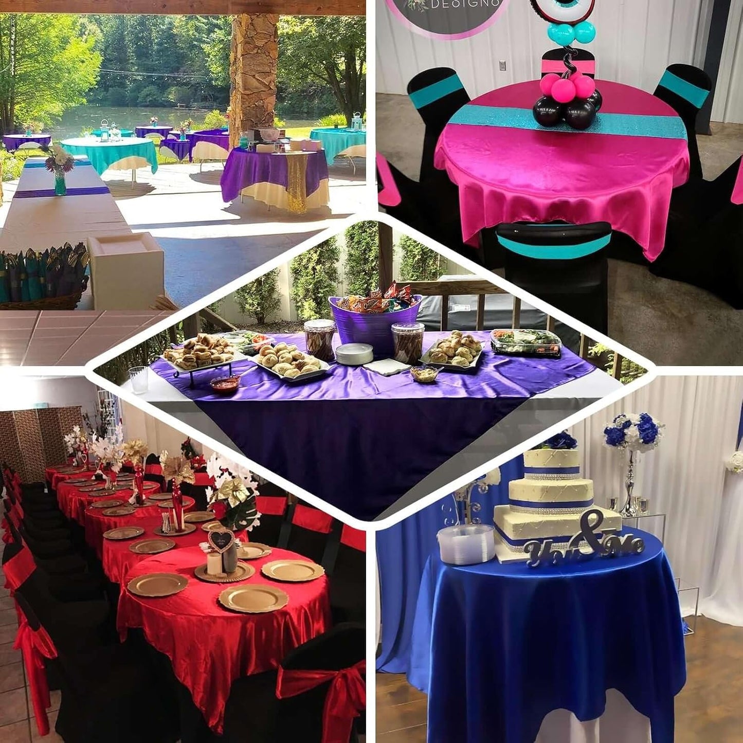 Efavormart Pack of 5 | 60" Satin Square Tablecloth Overlay for Wedding Catering Party Table Decorations Pink Square Tablecloth Cover