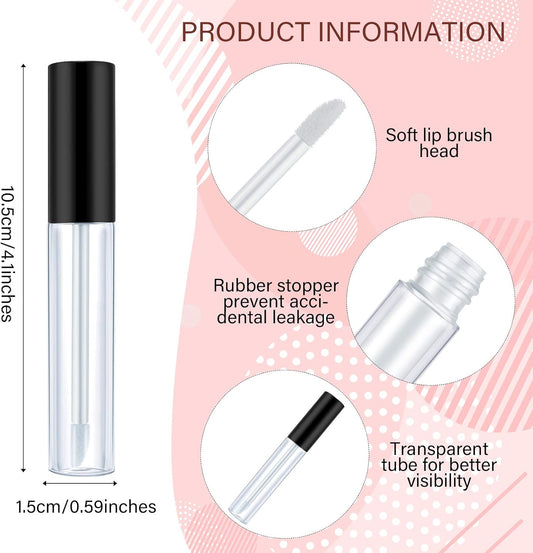 50 Pack 10 ml Empty Lip Gloss Tube Containers Clear Refillable Lip Balm Bottles Plastic Lipstick Tubes with Rubber Inserts Cosmetic Tools for Travel, DIY Makeup, Personal Cosmetic(Black)