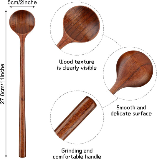6 Pcs 11 Inch Wood Long Spoons Wooden Long Handle Round Scoops Korean Style Soup Spoons for Soup Cooking Mixing Stirring Kitchen Tools Utensils(Brown)