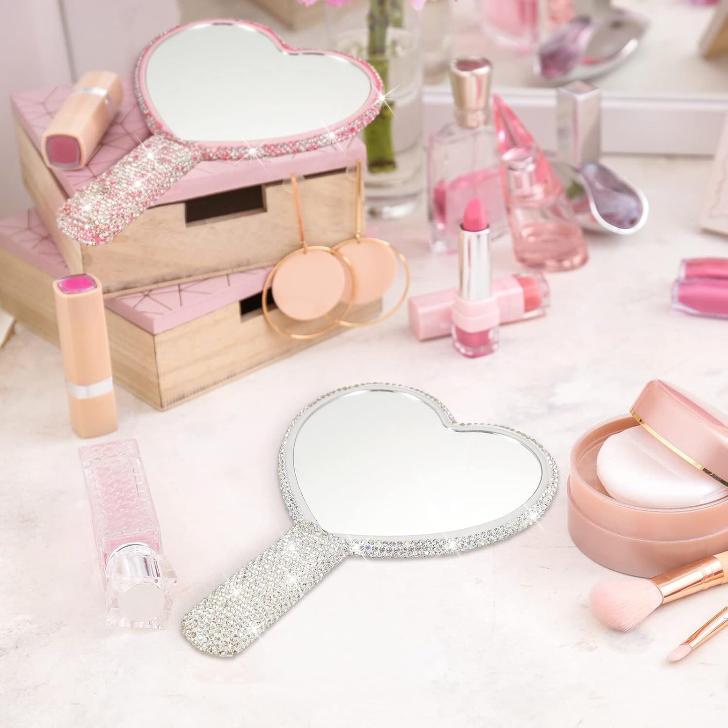 2 Pcs Large Rhinestone Handheld Mirror Heart Shaped Bling Glitter Portable Cosmetic Hand Mirror with Handle for Women Make up Brush Lash(Pink and White)
