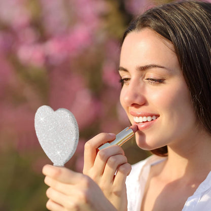 2 Pcs Large Rhinestone Handheld Mirror Heart Shaped Bling Glitter Portable Cosmetic Hand Mirror with Handle for Women Make up Brush Lash(Pink and White)