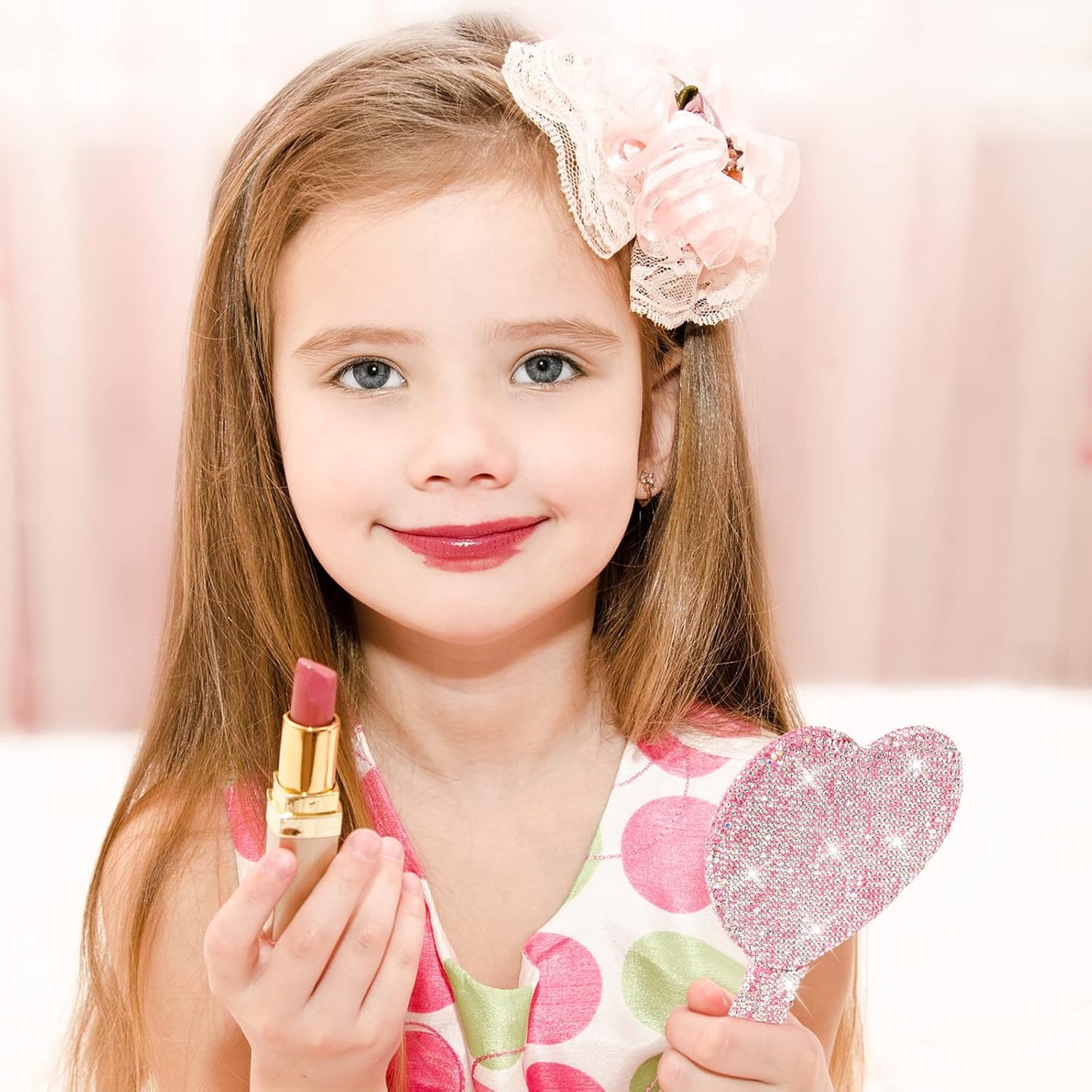 2 Pcs Large Rhinestone Handheld Mirror Heart Shaped Bling Glitter Portable Cosmetic Hand Mirror with Handle for Women Make up Brush Lash(Pink and White)