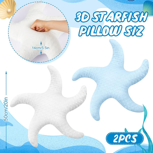 2 Pcs Starfish Pillow Cute Beach Pillow 20'' Star Fish Shaped Throw Pillows Plush Beach Room Decor Decorative Ocean Star Stuffed Animal Plush Cushion for Bedroom Living Room (White,Blue)