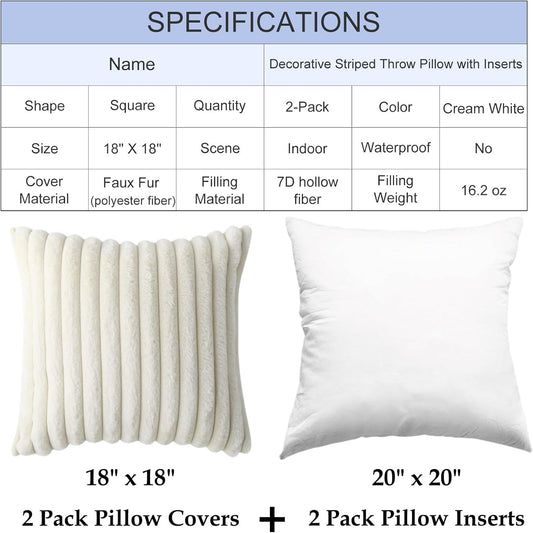 Decorative Throw Pillow with Inserts, Set of 2 Soft Faux Fur Throw Pillows, Square Boho Striped Pillow for Couch, Bed, Sofa Decor(Beige, 18" x 18")