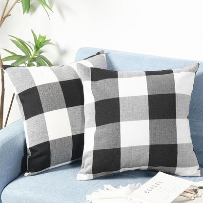 Rustic Buffalo Plaid Pillows with Inserts Set of 2, Retro Cotton Linen Decorative Throw Pillows for Front Porch Patio Decor, Classic Home Decor for Sofa Bed Couch(Black White, 16" x 16")