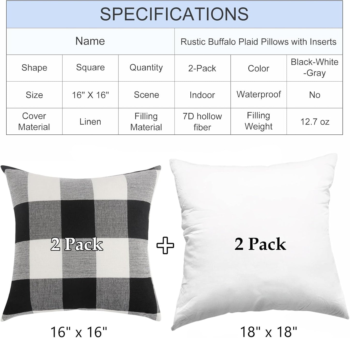 Rustic Buffalo Plaid Pillows with Inserts Set of 2, Retro Cotton Linen Decorative Throw Pillows for Front Porch Patio Decor, Classic Home Decor for Sofa Bed Couch(Black White, 16" x 16")