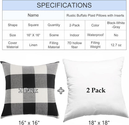 Rustic Buffalo Plaid Pillows with Inserts Set of 2, Retro Cotton Linen Decorative Throw Pillows for Front Porch Patio Decor, Classic Home Decor for Sofa Bed Couch(Black White, 16" x 16")