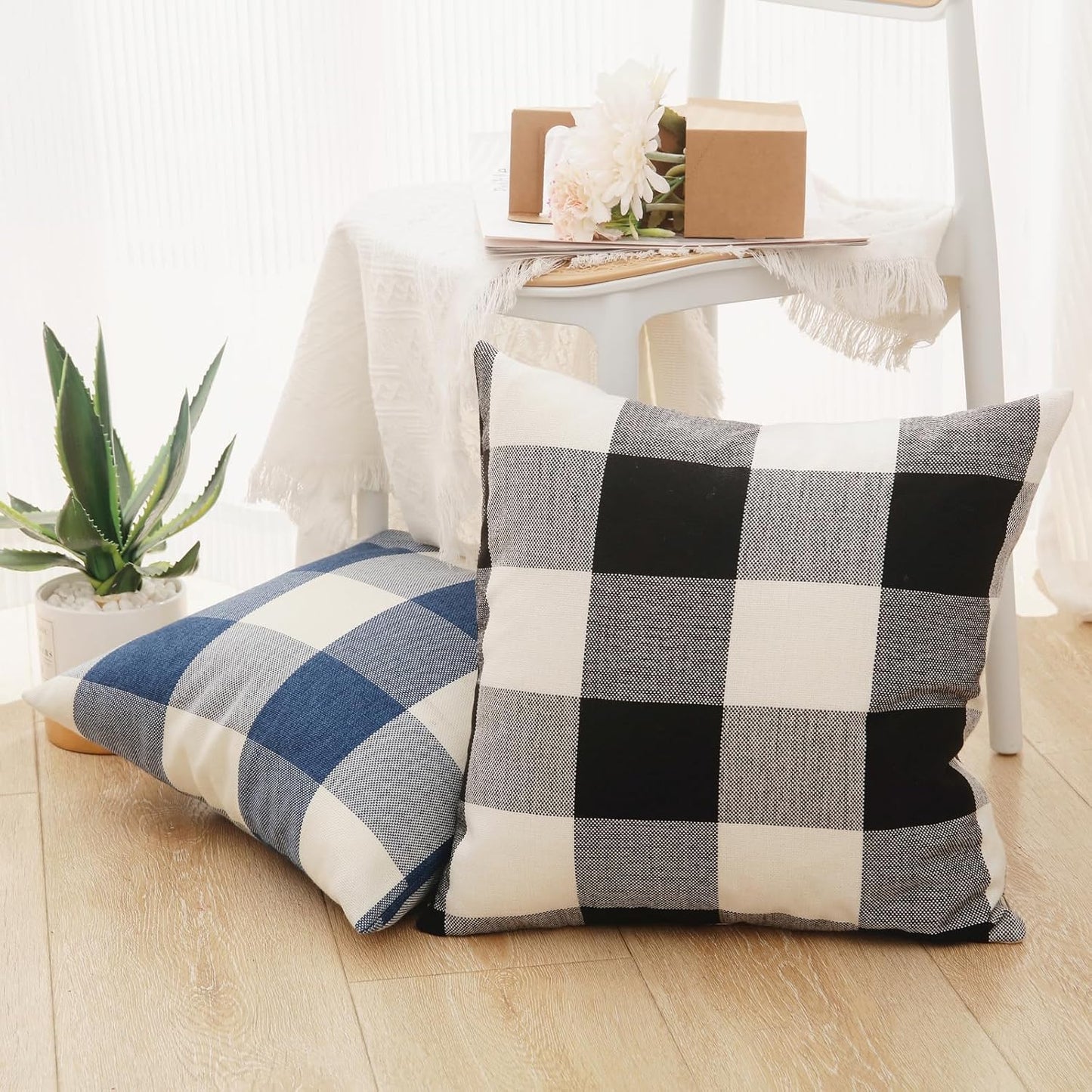 Rustic Buffalo Plaid Pillows with Inserts Set of 2, Retro Cotton Linen Decorative Throw Pillows for Front Porch Patio Decor, Classic Home Decor for Sofa Bed Couch(Black White, 16" x 16")