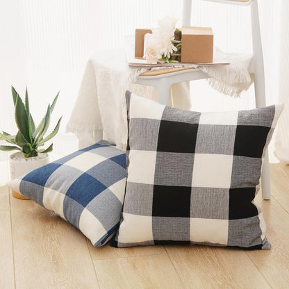 Rustic Buffalo Plaid Pillows with Inserts Set of 2, Retro Cotton Linen Decorative Throw Pillows for Front Porch Patio Decor, Classic Home Decor for Sofa Bed Couch(Black White, 16" x 16")