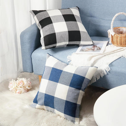 Rustic Buffalo Plaid Pillows with Inserts Set of 2, Retro Cotton Linen Decorative Throw Pillows for Front Porch Patio Decor, Classic Home Decor for Sofa Bed Couch(Black White, 16" x 16")