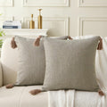 18" x 18" Decorative Throw Pillow with Inserts, Set of 2 Farmhouse Neutral Couch Throw Pillows with Tassels, Square Boho Pillow for Couch, Bed, Sofa Decor (Khaki, 18" x 18"(Pack of 2))