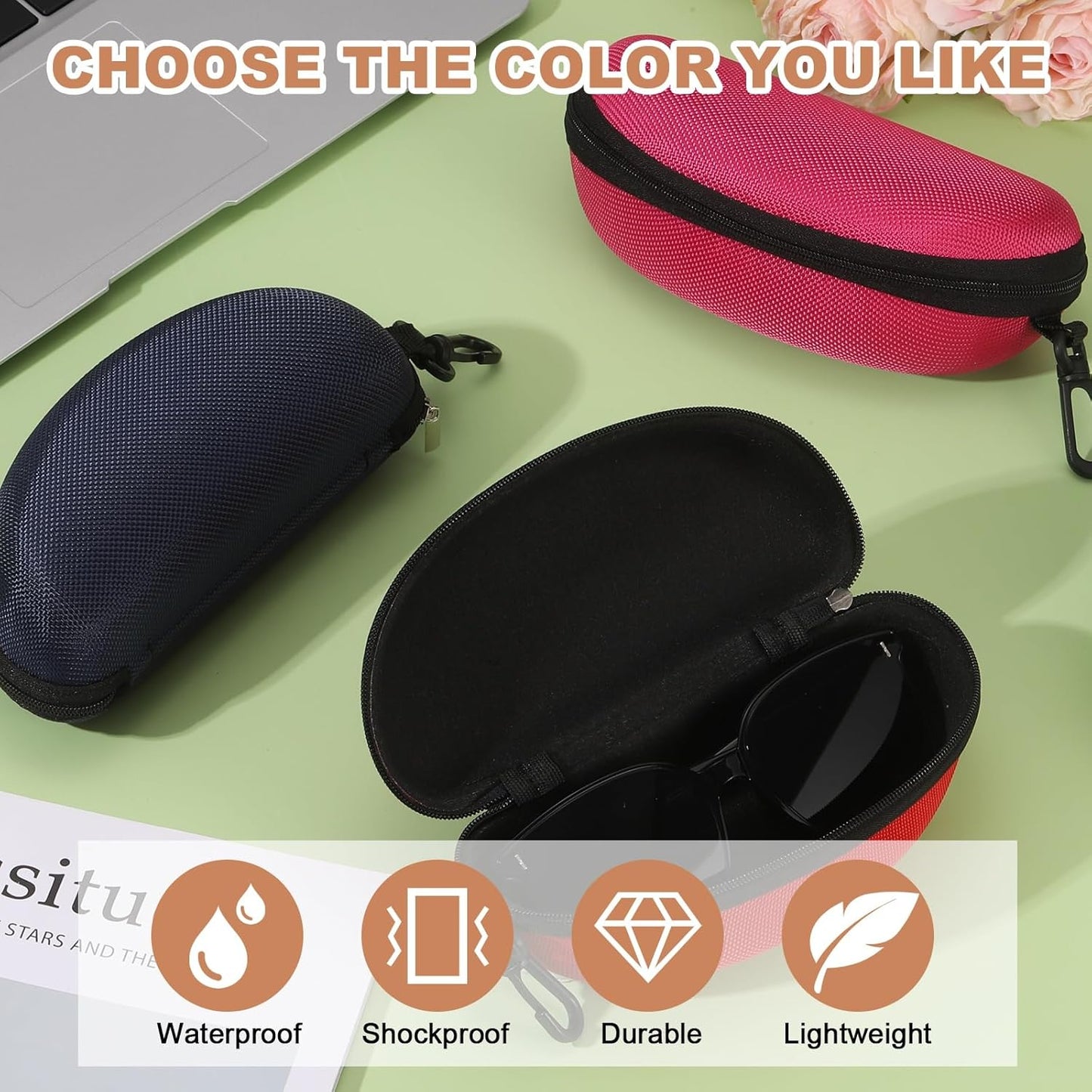 Sunglasses Soft Case, Zipper Eyeglass Case, Portable Hard Shell Sunglasses Holder with Metal Hook for Sport