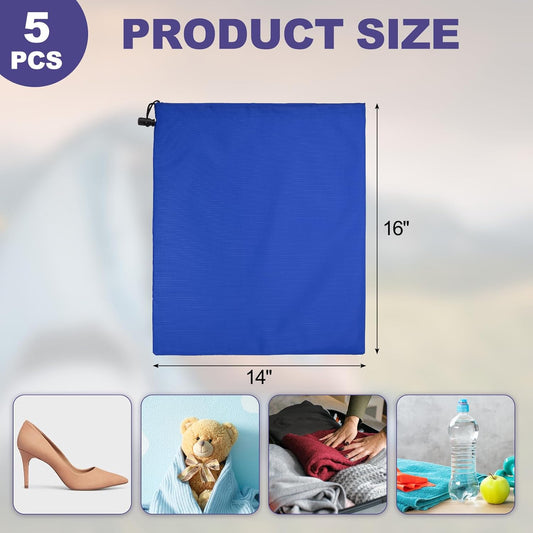 5Pcs 210D Polyester Drawstring Bag with Toggle, 14 x 16 Inch Waterproof Travel Storage Bag Foldable Stuff Sack Cinch Sack for Gym Travel Hiking Yoga Clothes Organizer, Dark Blue