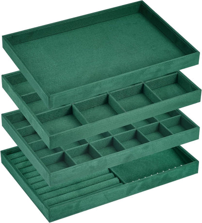 Jewelry Tray, 4 Set of Stackable Jewelry Display Tray, Velvet Jewelry Organizer, Storage Box for Ring Earring Necklace Bracelet (Dark Green)