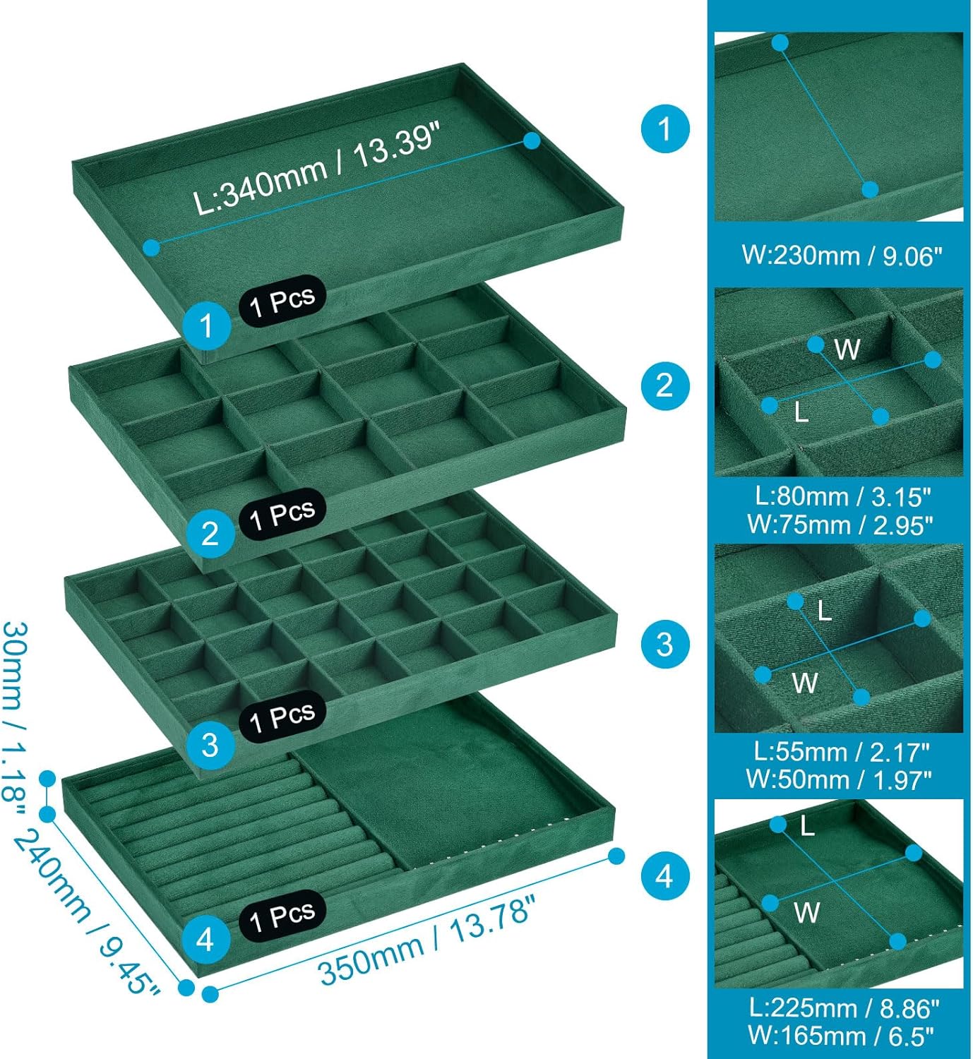 Jewelry Tray, 4 Set of Stackable Jewelry Display Tray, Velvet Jewelry Organizer, Storage Box for Ring Earring Necklace Bracelet (Dark Green)