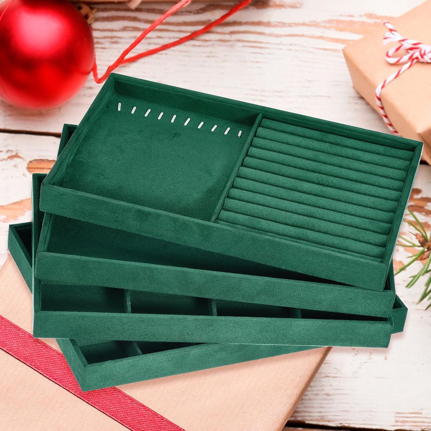 Jewelry Tray, 4 Set of Stackable Jewelry Display Tray, Velvet Jewelry Organizer, Storage Box for Ring Earring Necklace Bracelet (Dark Green)