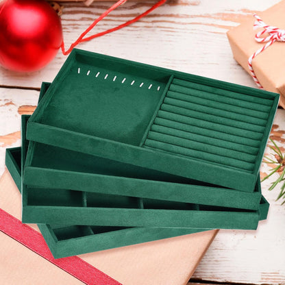 Jewelry Tray, 4 Set of Stackable Jewelry Display Tray, Velvet Jewelry Organizer, Storage Box for Ring Earring Necklace Bracelet (Dark Green)