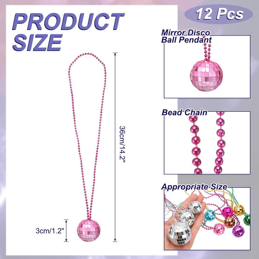12 Pcs Mirror Disco Ball Necklaces 1.2" Bulk Disco Ball Costume Necklaces 70s Disco Party Necklace Women Decoration for Dance Supplies Stage Props Jewelry Accessories, Pink