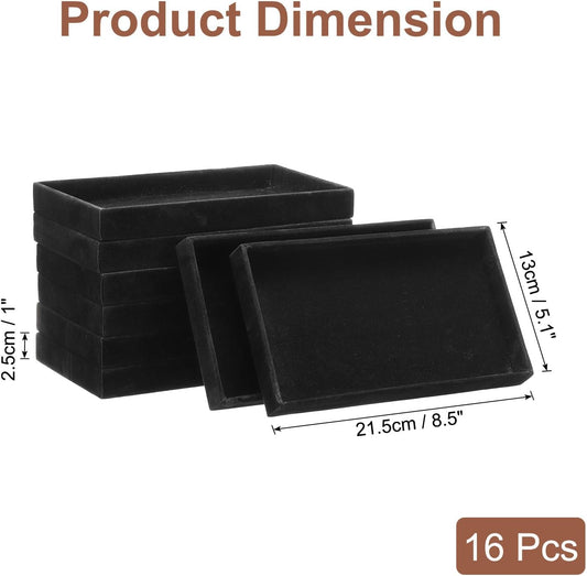 16PCS Jewelry Organizer Tray Stackable, Wooden Jewelry Containers Velvet Drawer Organizer Inserts Holder for Earrings Necklaces Rings Bracelet (8.5" x 5.1" x 1" Black)
