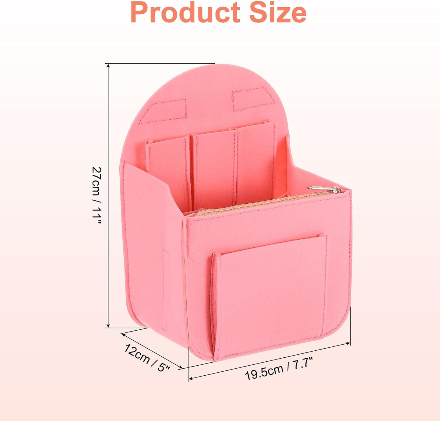 Purse Organizer Insert, Portable Felt Organizer Bags with Metal Zipper Multiple Compartments Purse Liner for Backpack Rucksack Handbag Shoulder Bag (7.7" x 5" x 11", Pink)