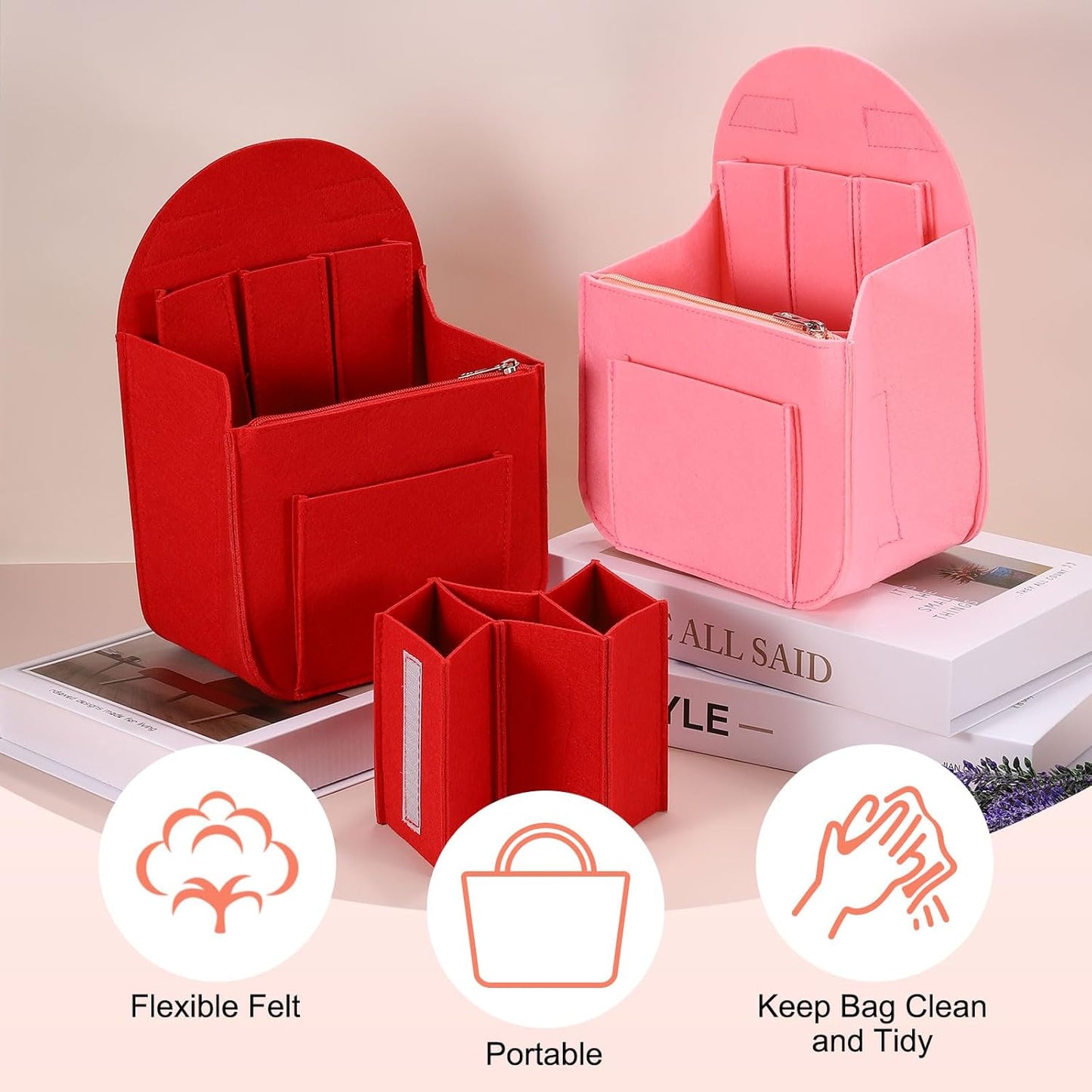 Purse Organizer Insert, Portable Felt Organizer Bags with Metal Zipper Multiple Compartments Purse Liner for Backpack Rucksack Handbag Shoulder Bag (7.7" x 5" x 11", Pink)