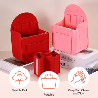 Purse Organizer Insert, Portable Felt Organizer Bags with Metal Zipper Multiple Compartments Purse Liner for Backpack Rucksack Handbag Shoulder Bag (7.7" x 5" x 11", Pink)