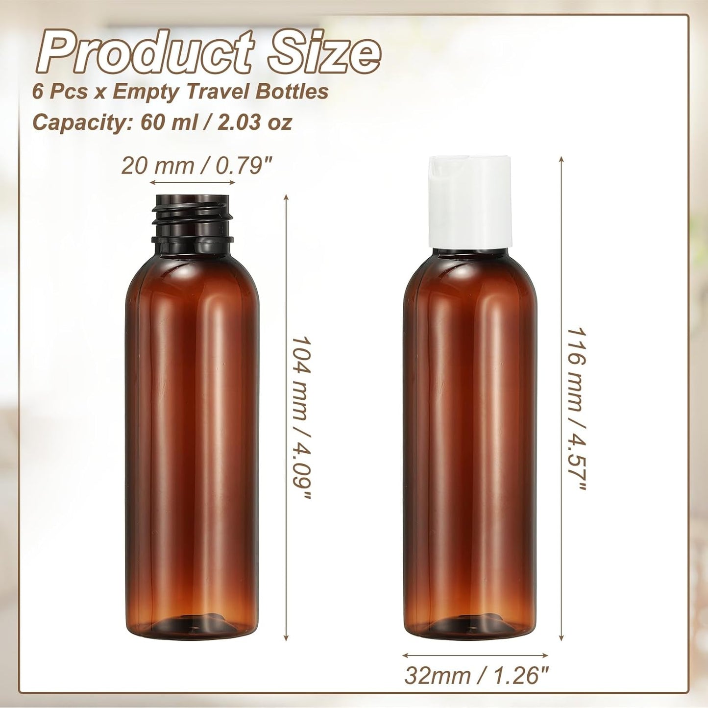 6 Pcs Plastic Travel Bottles, 2 oz Empty Shampoo Bottles with White Disc Top Caps Clear Refillable Travel Squeeze Containers for Lotions Cosmetics Body Soap, Brown