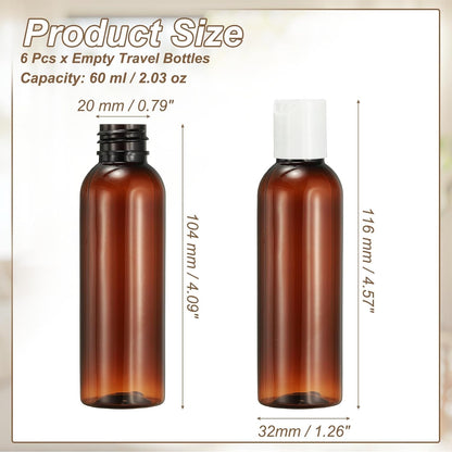 6 Pcs Plastic Travel Bottles, 2 oz Empty Shampoo Bottles with White Disc Top Caps Clear Refillable Travel Squeeze Containers for Lotions Cosmetics Body Soap, Brown