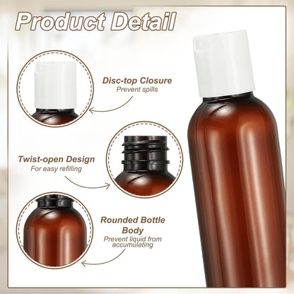 6 Pcs Plastic Travel Bottles, 2 oz Empty Shampoo Bottles with White Disc Top Caps Clear Refillable Travel Squeeze Containers for Lotions Cosmetics Body Soap, Brown