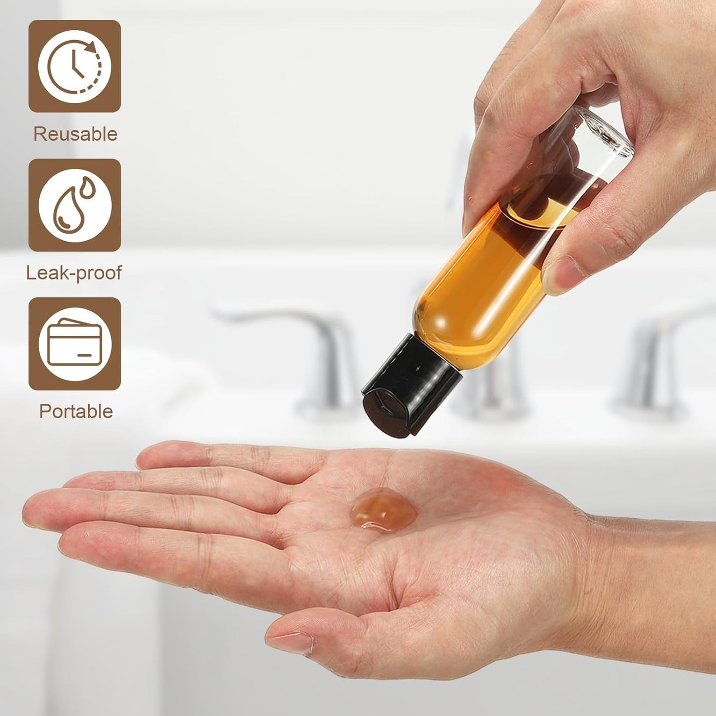 6 Pcs Plastic Travel Bottles, 2 oz Empty Shampoo Bottles with White Disc Top Caps Clear Refillable Travel Squeeze Containers for Lotions Cosmetics Body Soap, Brown