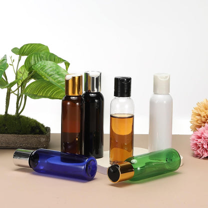 6 Pcs Plastic Travel Bottles, 2 oz Empty Shampoo Bottles with White Disc Top Caps Clear Refillable Travel Squeeze Containers for Lotions Cosmetics Body Soap, Brown