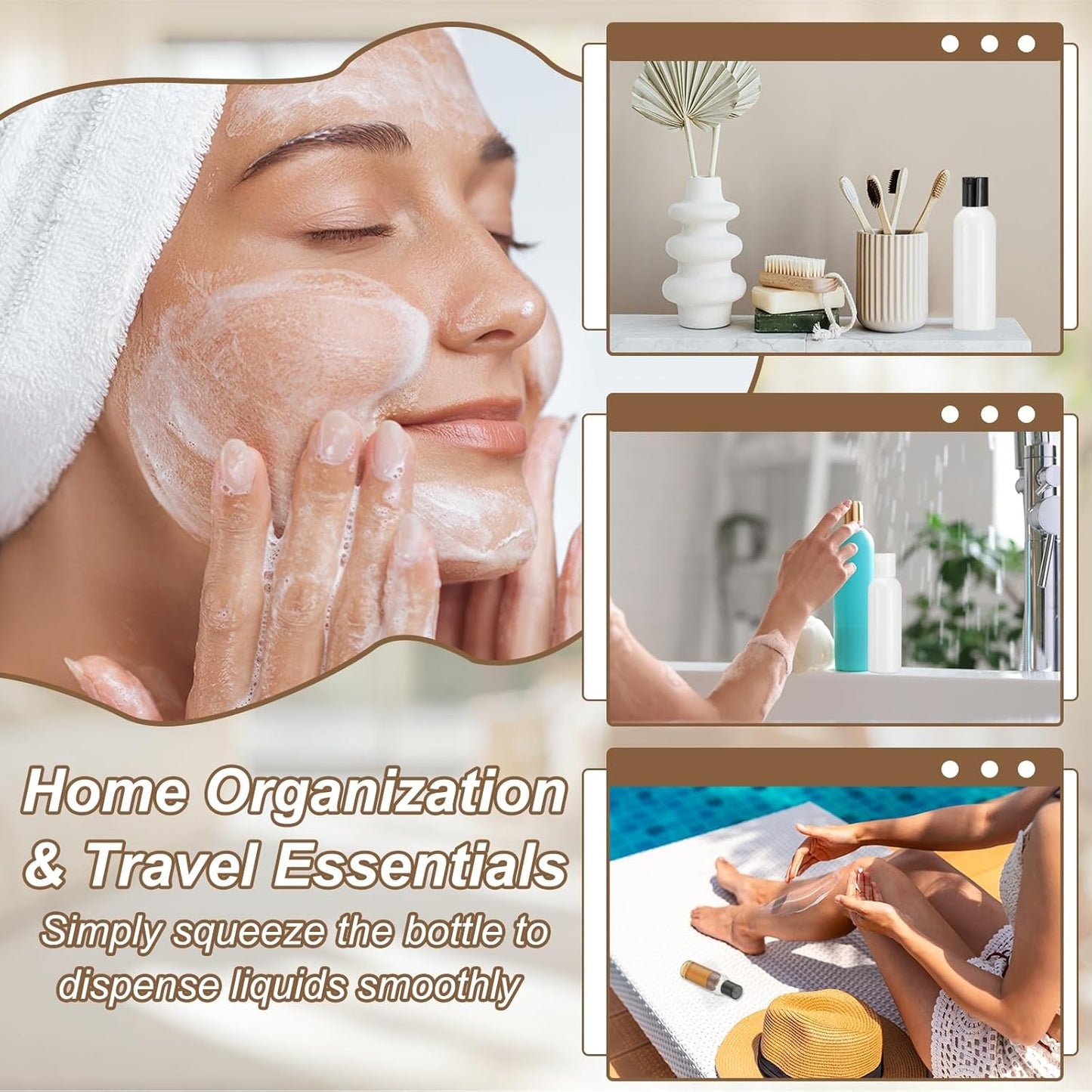6 Pcs Plastic Travel Bottles, 2 oz Empty Shampoo Bottles with White Disc Top Caps Clear Refillable Travel Squeeze Containers for Lotions Cosmetics Body Soap, Brown