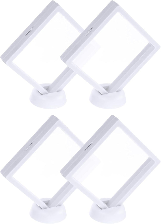 4 Pcs 3D Floating Display Case, 4.33 x 4.33 Inch Floating Frame Display Holder Stand, Transparent PE Jewelry Storage Box, White Hover Image