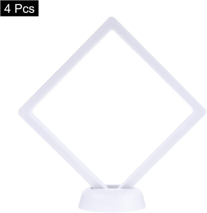4 Pcs 3D Floating Display Case, 4.33 x 4.33 Inch Floating Frame Display Holder Stand, Transparent PE Jewelry Storage Box, White