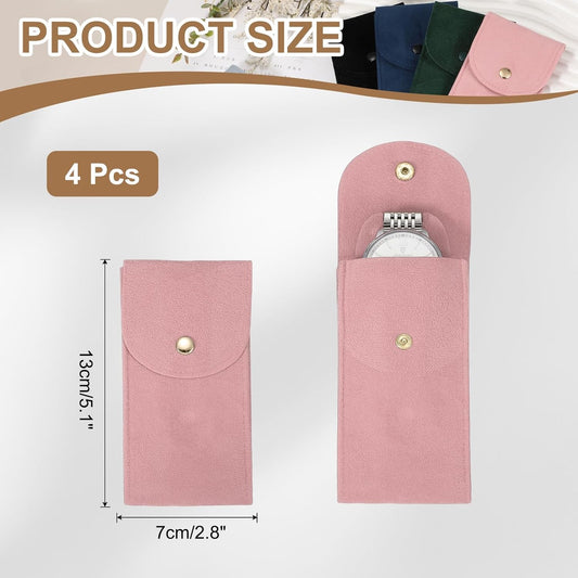 4 Pcs Velvet Watch Pouch, 5.1 x 2.8 Inch Portable Travel Case Jewelry Storage Bag Single Watch Storage Pouch for Men and Women with Snap Button for Travel Home, Pink