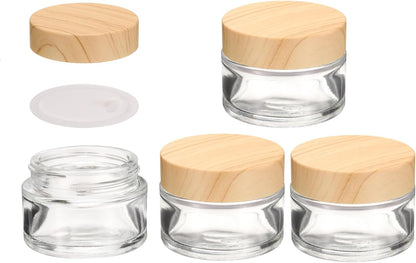 1 Set Round Glass Jars with Wood Lids, 1oz/30g Refillable Cosmetic Containers Glass Makeup Containers for Sample, Cream, Lotion, Powder Clear