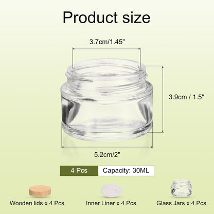 1 Set Round Glass Jars with Wood Lids, 1oz/30g Refillable Cosmetic Containers Glass Makeup Containers for Sample, Cream, Lotion, Powder Clear