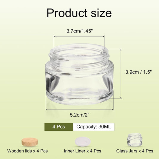 1 Set Round Glass Jars with Wood Lids, 1oz/30g Refillable Cosmetic Containers Glass Makeup Containers for Sample, Cream, Lotion, Powder Clear