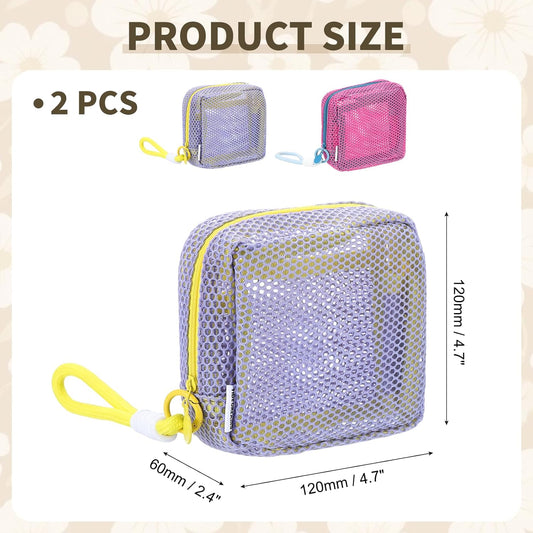 2Pcs Mesh Makeup Bag, 4.7" Portable Mesh Cosmetic Bag with Straps, Cute Mini Travel Toiletry Pouch with Zipper for Travel, Daily Accessories Organizer, Purse, Purple, Rose Red