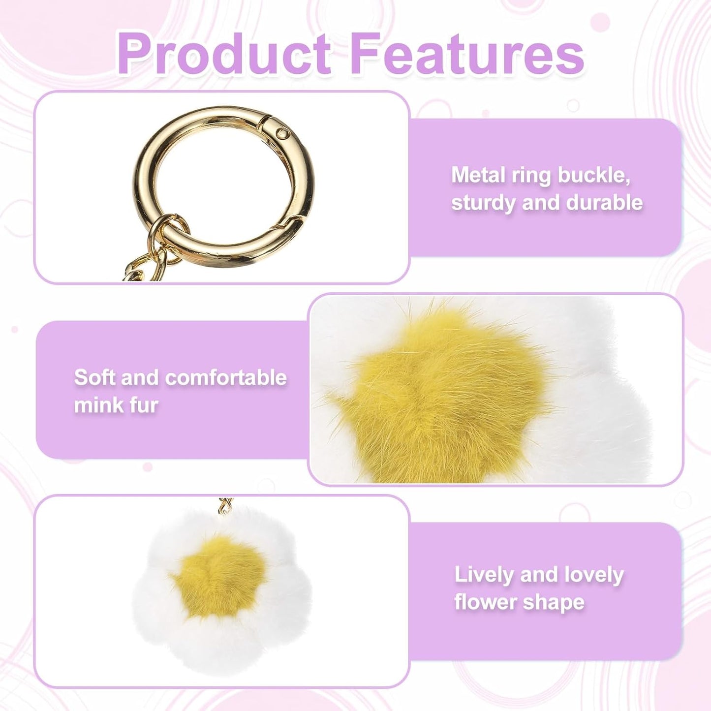 Flower Plush Keychain, Mink Fur Pom Flower Shape Purse Charm, Rex Floral Petal Pendant